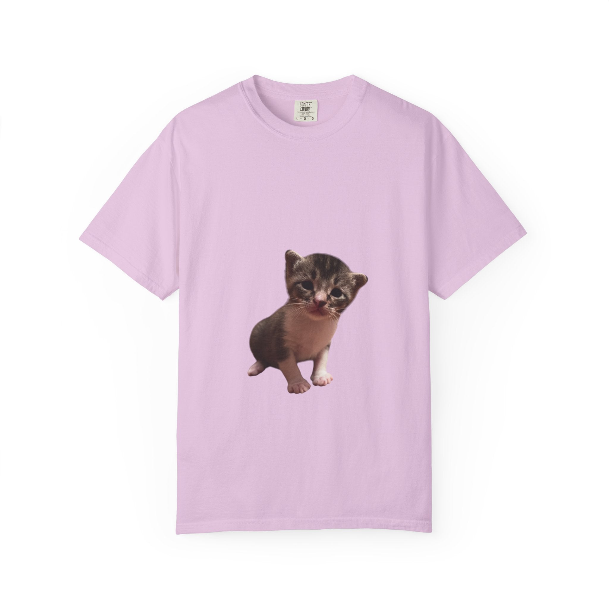 Light purple t-shirt with a kitten graphic on a white background