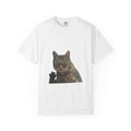 White t-shirt with a cat graphic on a white background