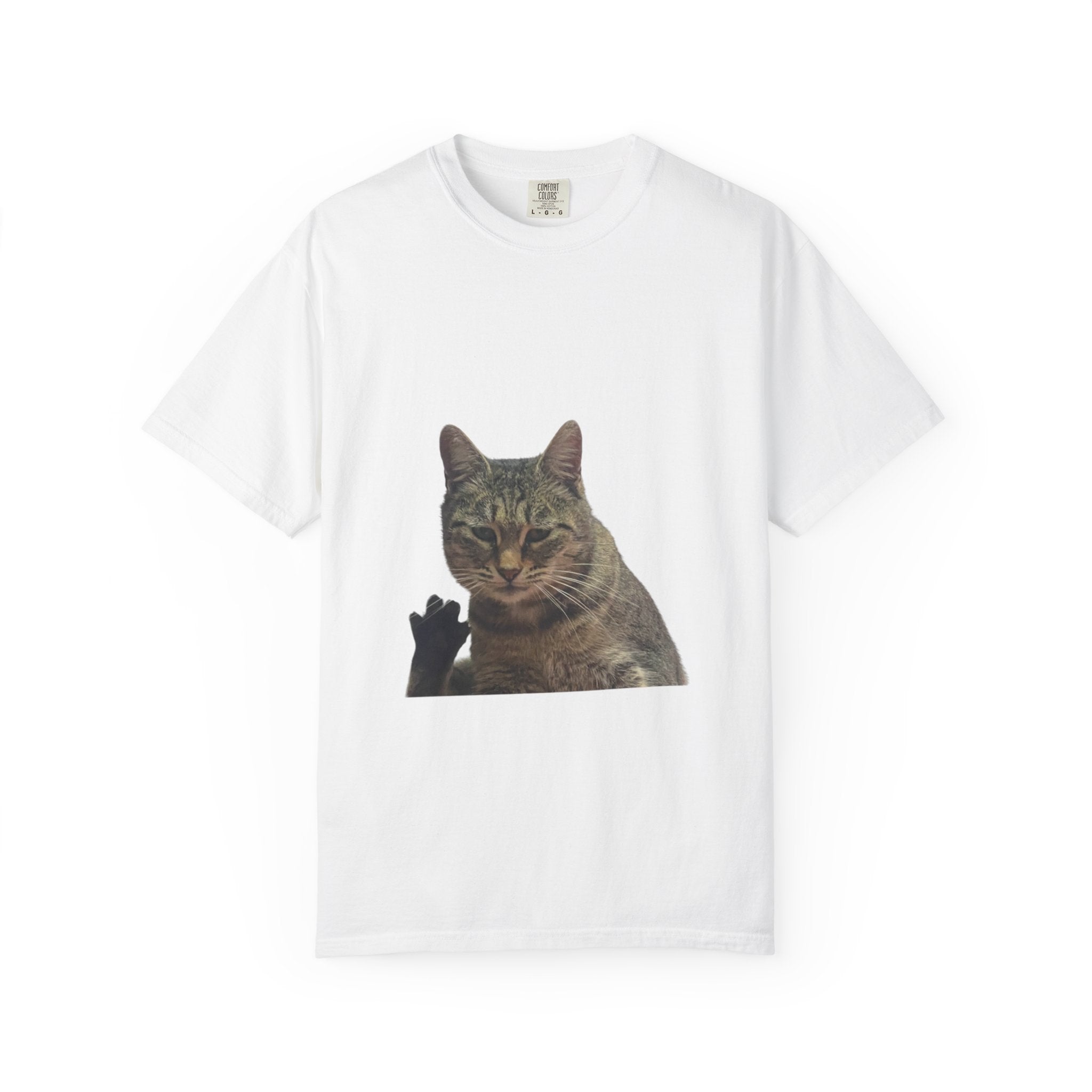 White t-shirt with a cat graphic on a white background