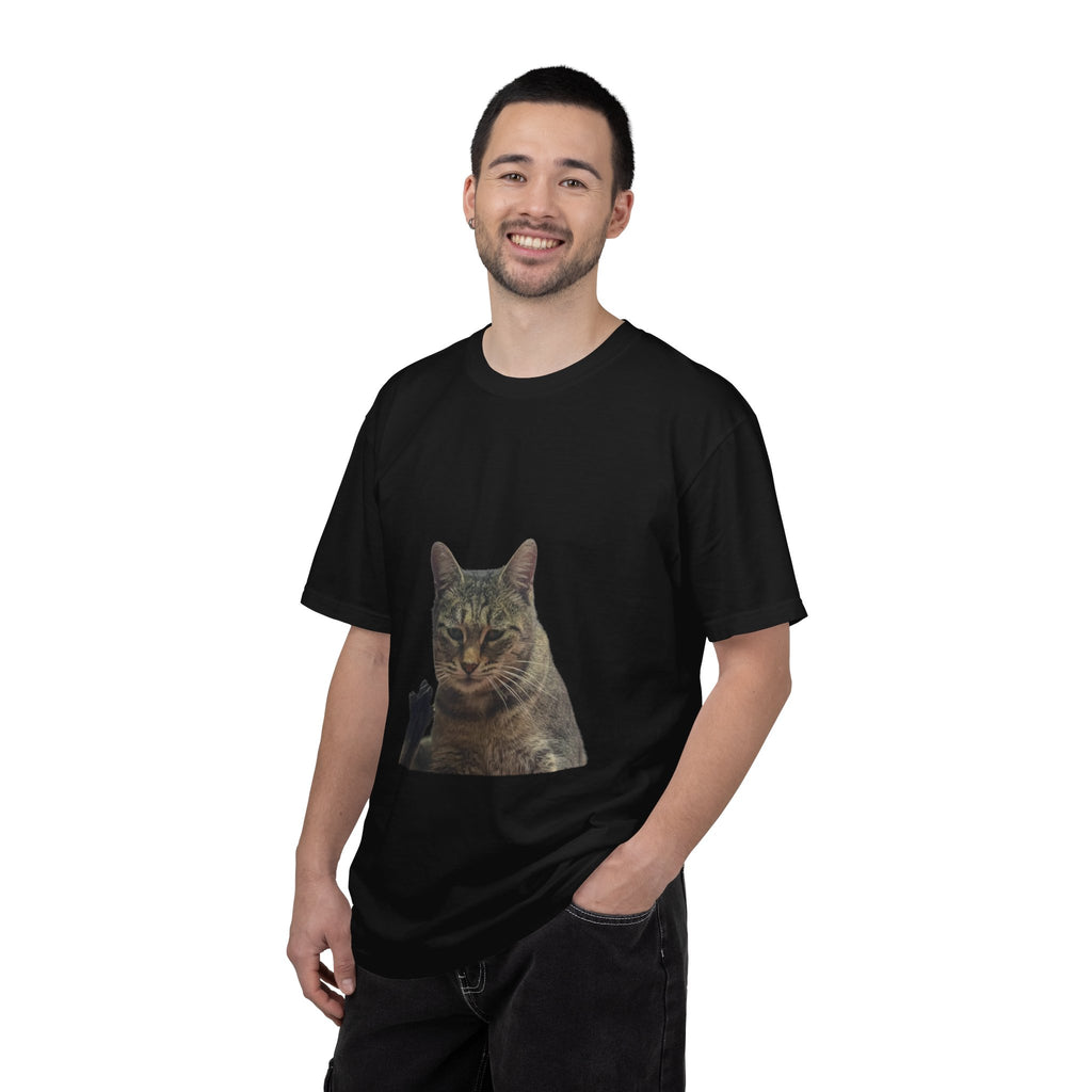 Man wearing a black t-shirt with a cat graphic on a white background