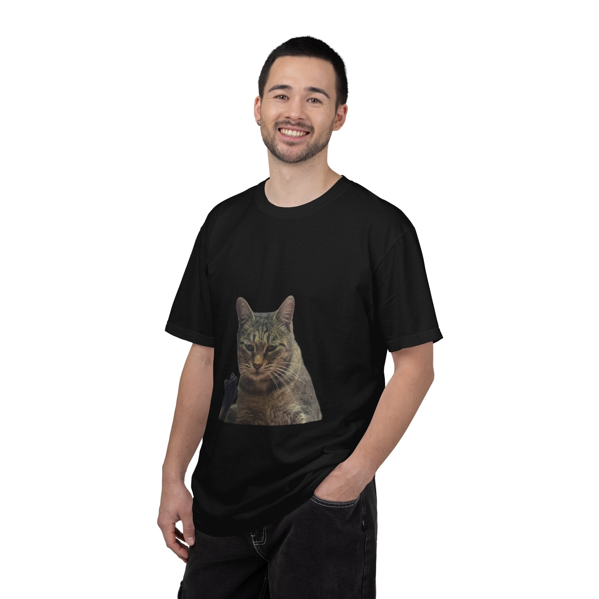 Man wearing a black t-shirt with a cat graphic on a white background