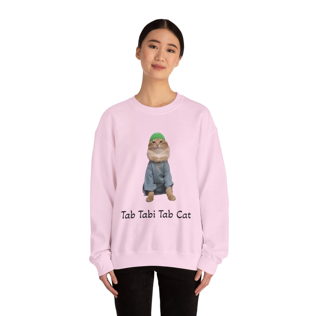 Person wearing a pink sweatshirt with a cat graphic and text on a white background