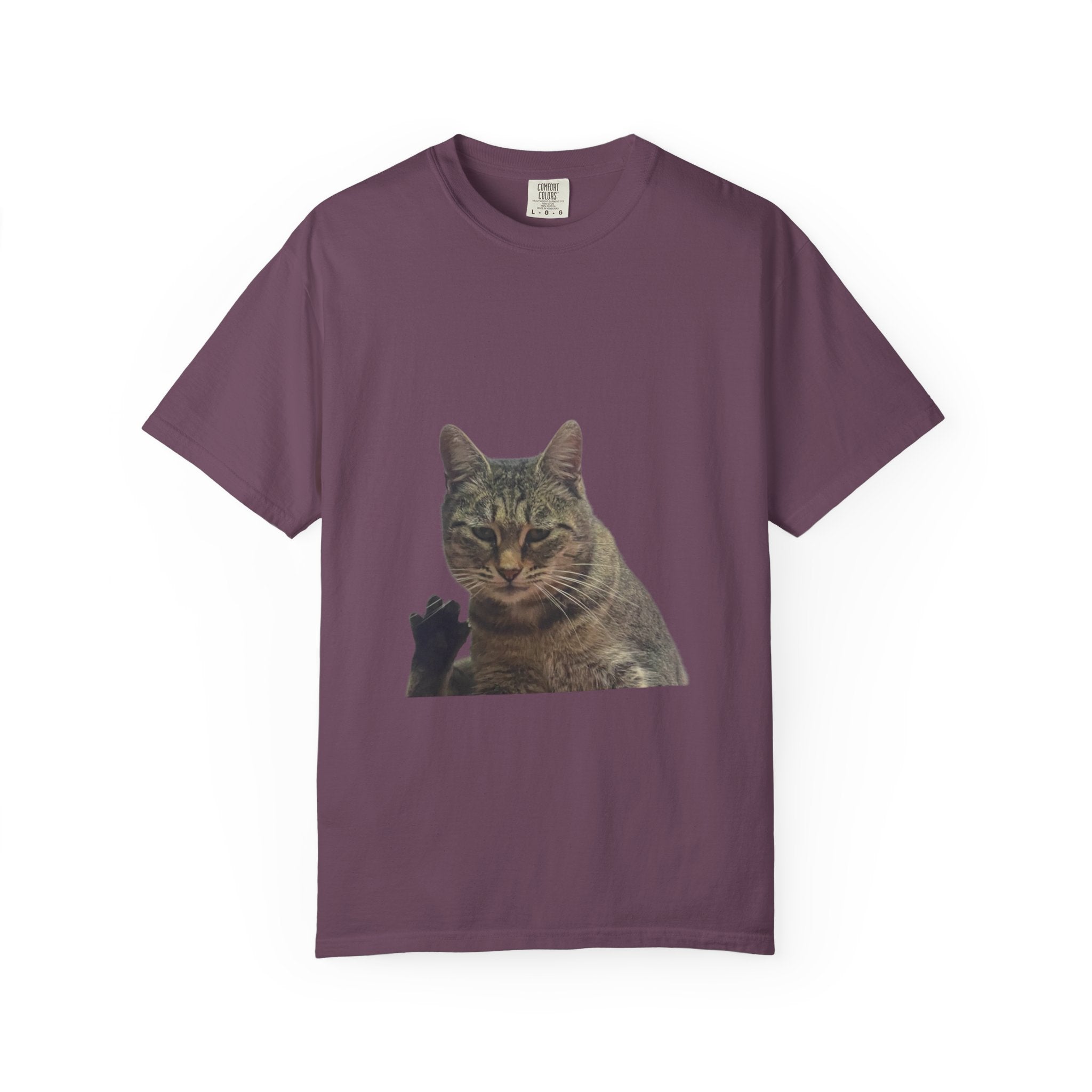 Purple t-shirt with a cat graphic on a white background