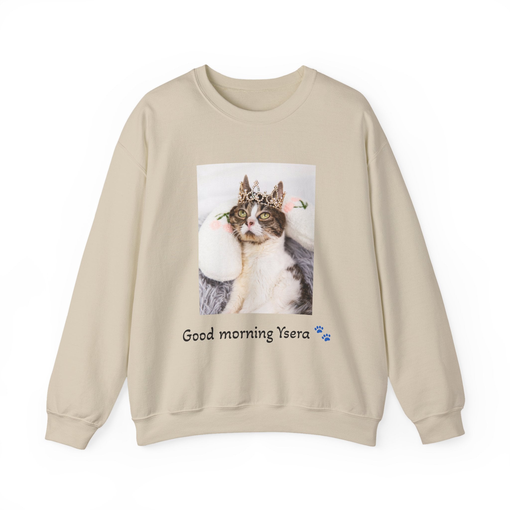 Beige sweatshirt with a cat graphic and text 'Good morning Ysera' on a white background