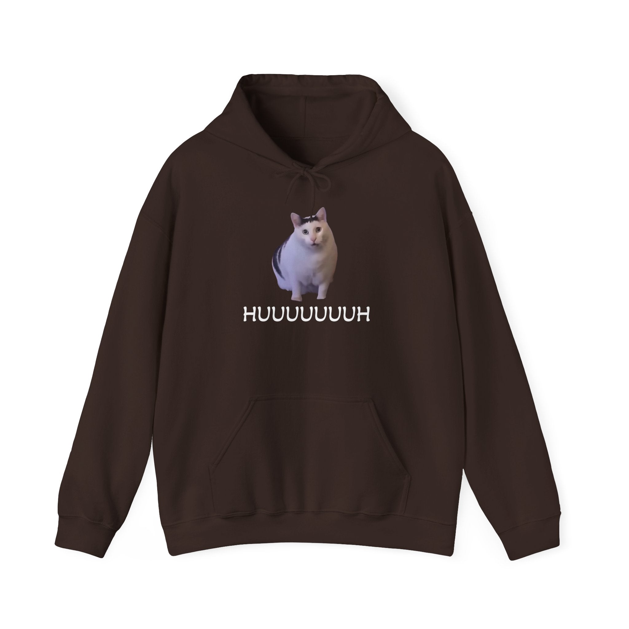 Brown hoodie with a cat graphic and text on a white background