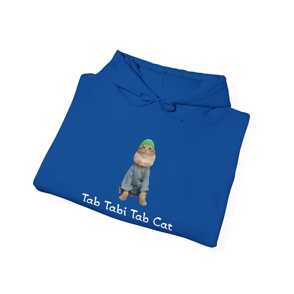 Folded blue hoodie with a cat graphic and text on a white background