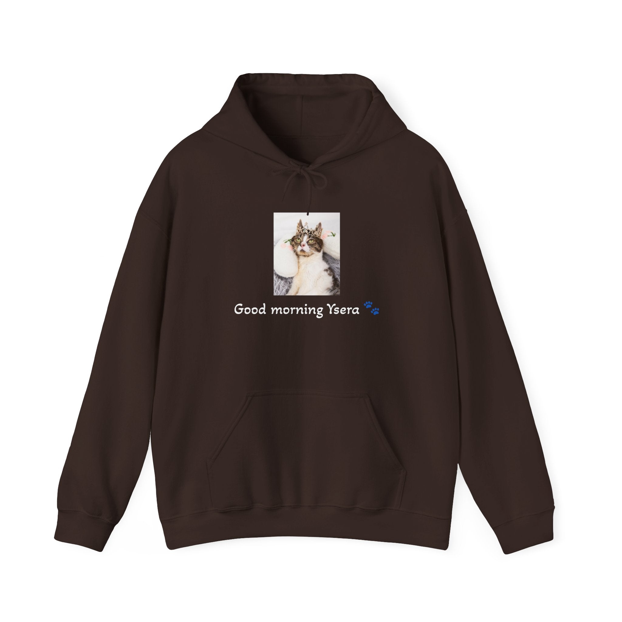 Brown hoodie with a cat illustration and text on a white background