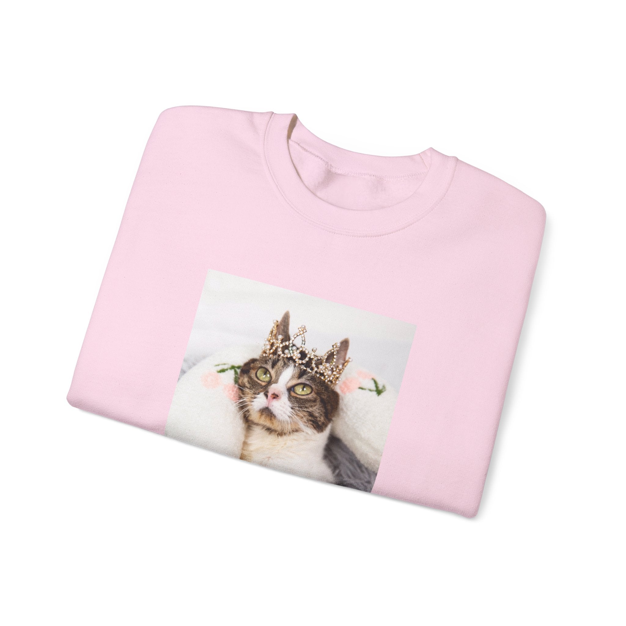 Folded pink sweatshirt with a cat wearing a crown and flowers on a white background