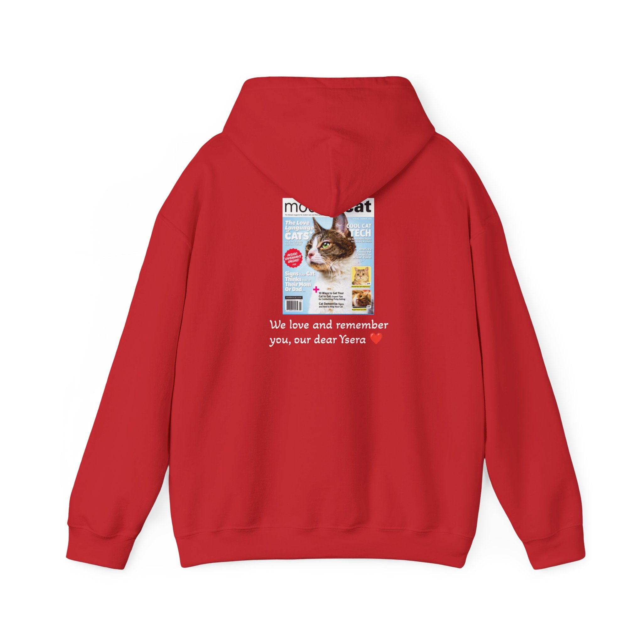 Red hoodie with a printed design on the back featuring a cat and text.