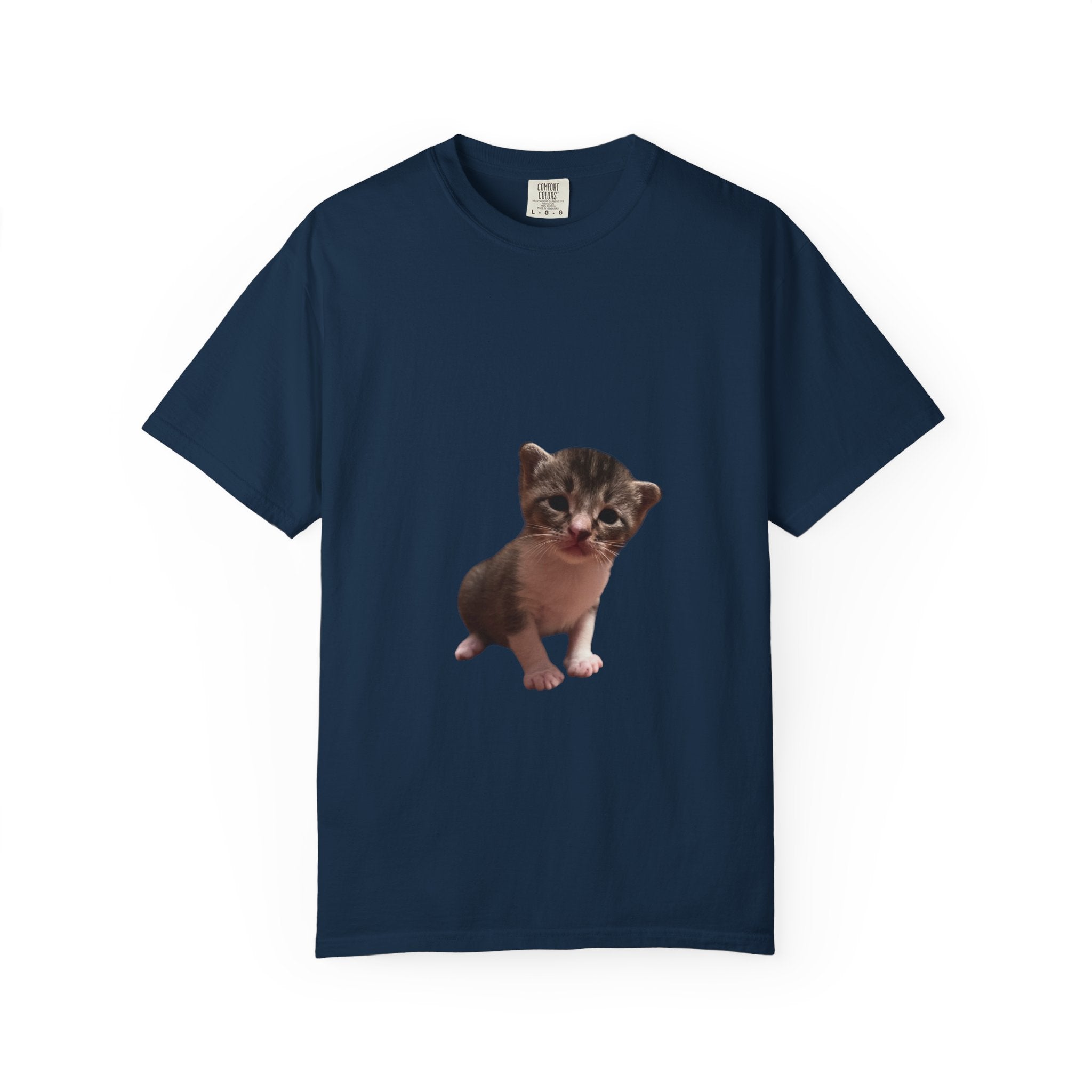 Navy blue t-shirt with a kitten graphic on a white background