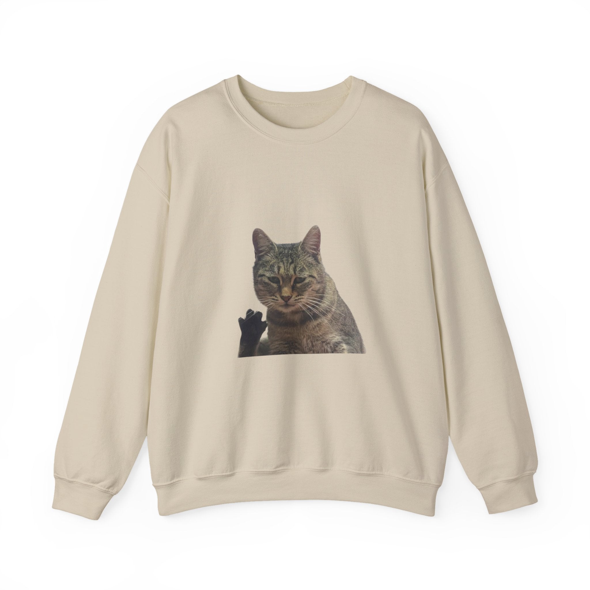 Beige sweatshirt with a cat graphic on a white background