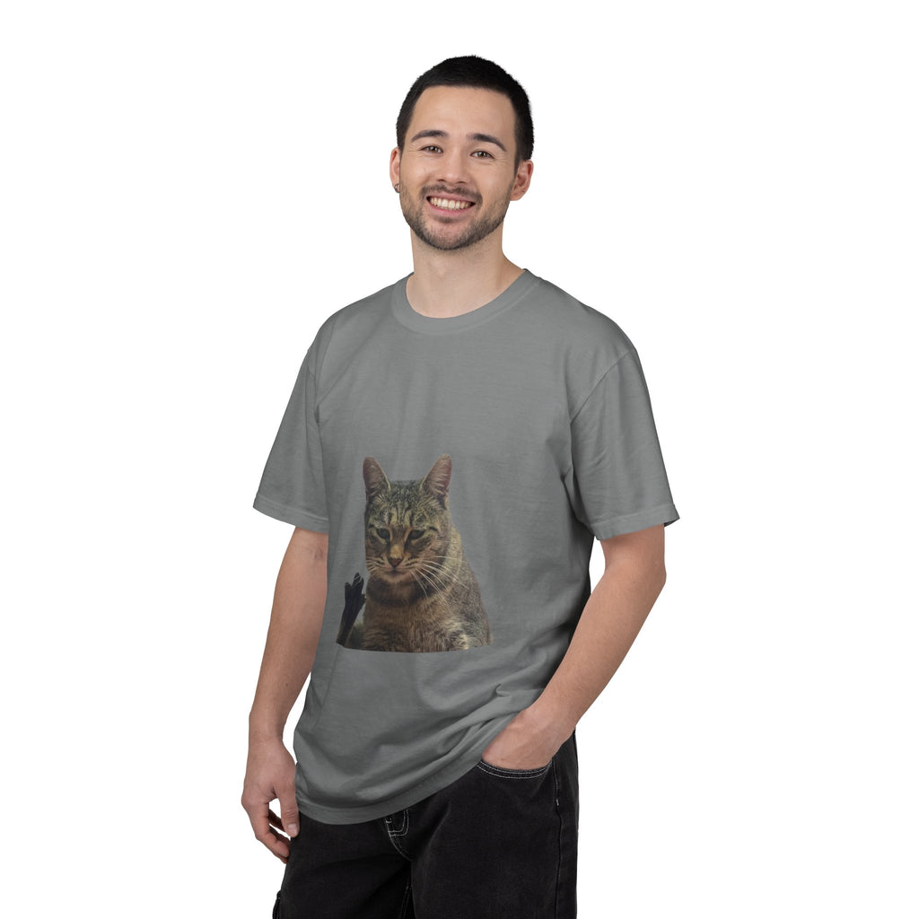 Man wearing a gray t-shirt with a cat graphic on a white background