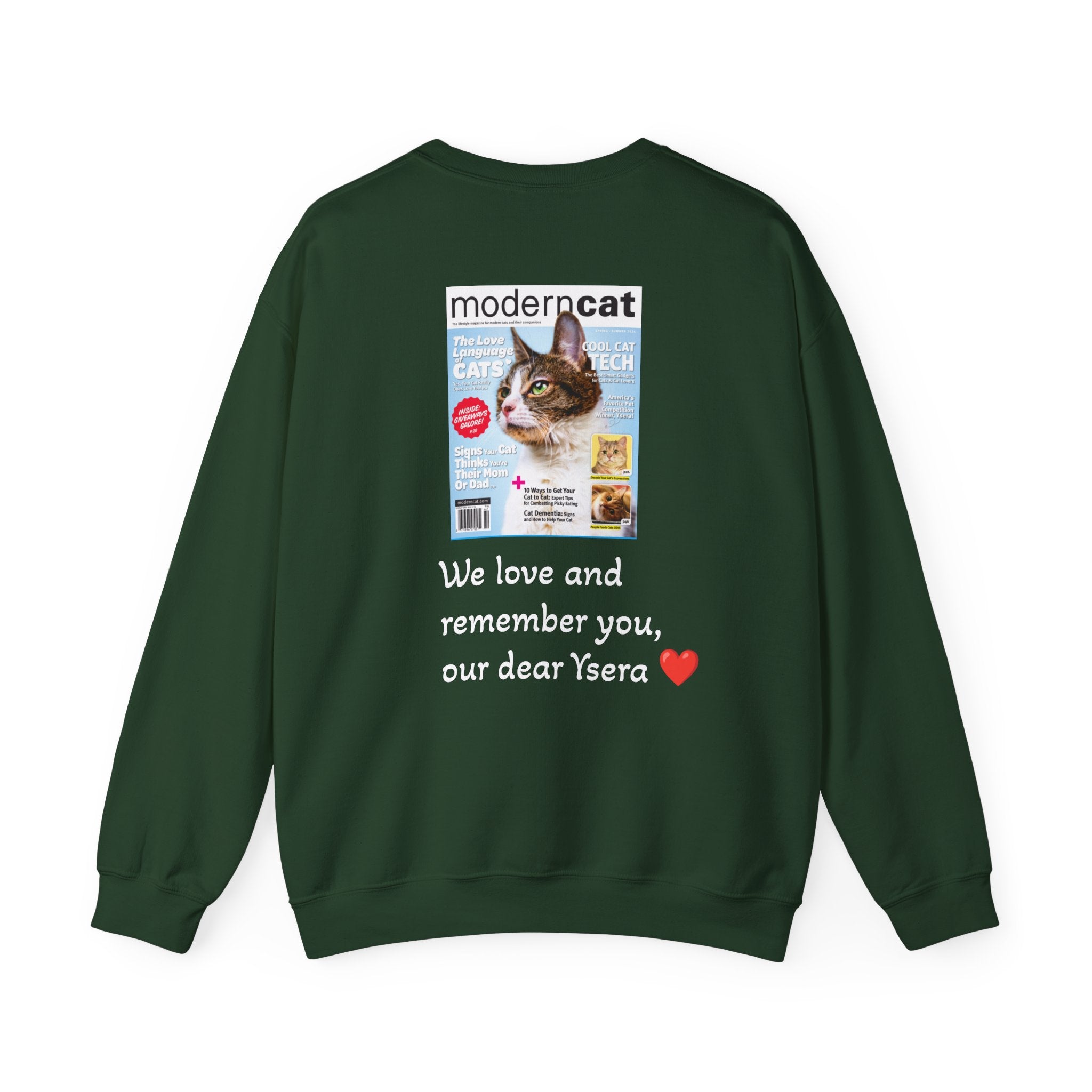 Green sweatshirt with a printed magazine cover and text on the back, on a white background