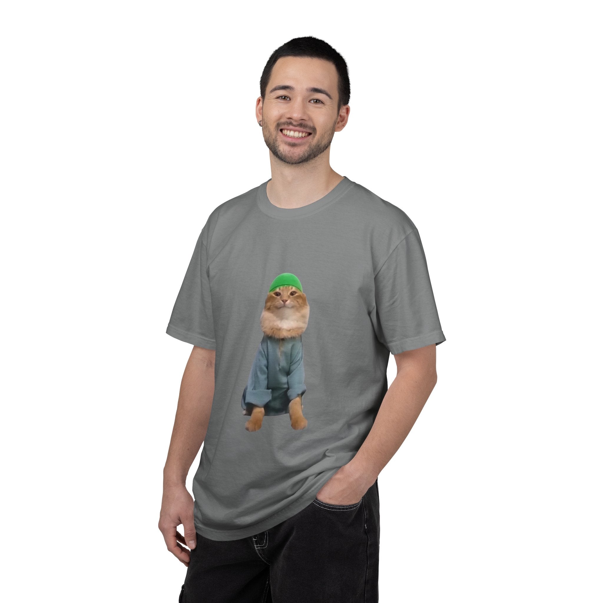 Man wearing a gray t-shirt with a graphic design and text on a white background
