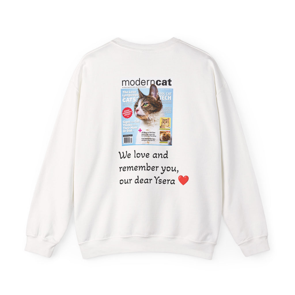 White sweatshirt with a printed design featuring a cat and text on a white background