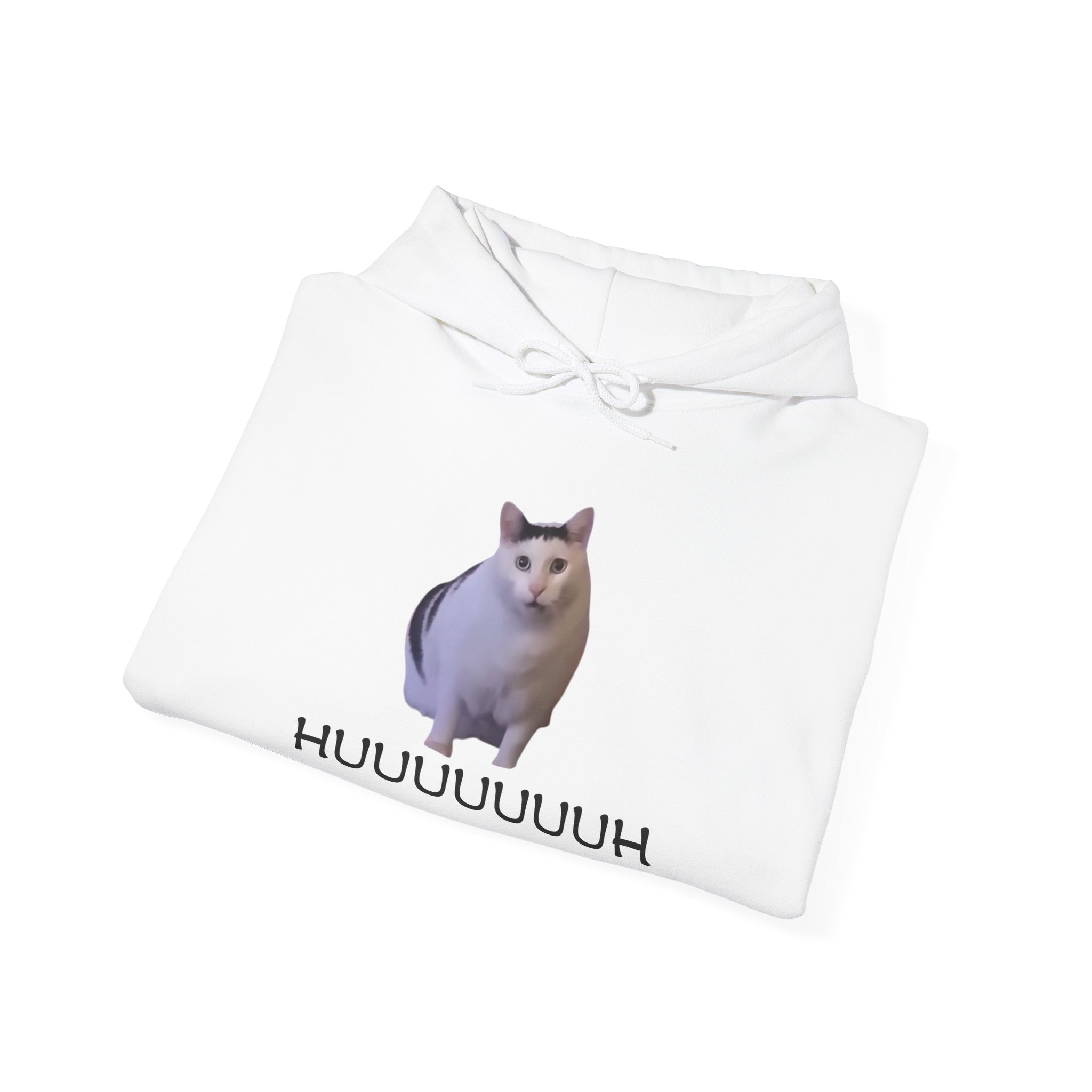 White hoodie with a cat graphic and text on a white background