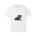 White t-shirt with a kitten graphic on a white background