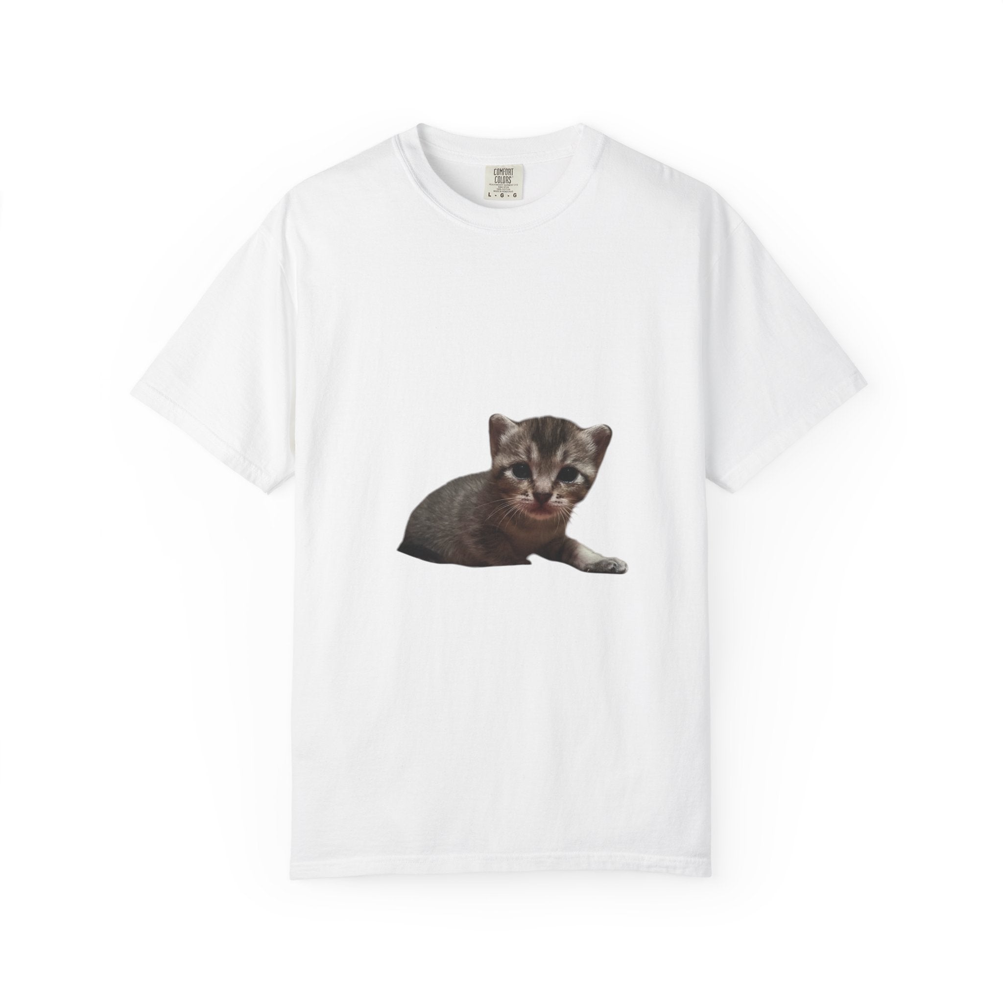 White t-shirt with a kitten graphic on a white background