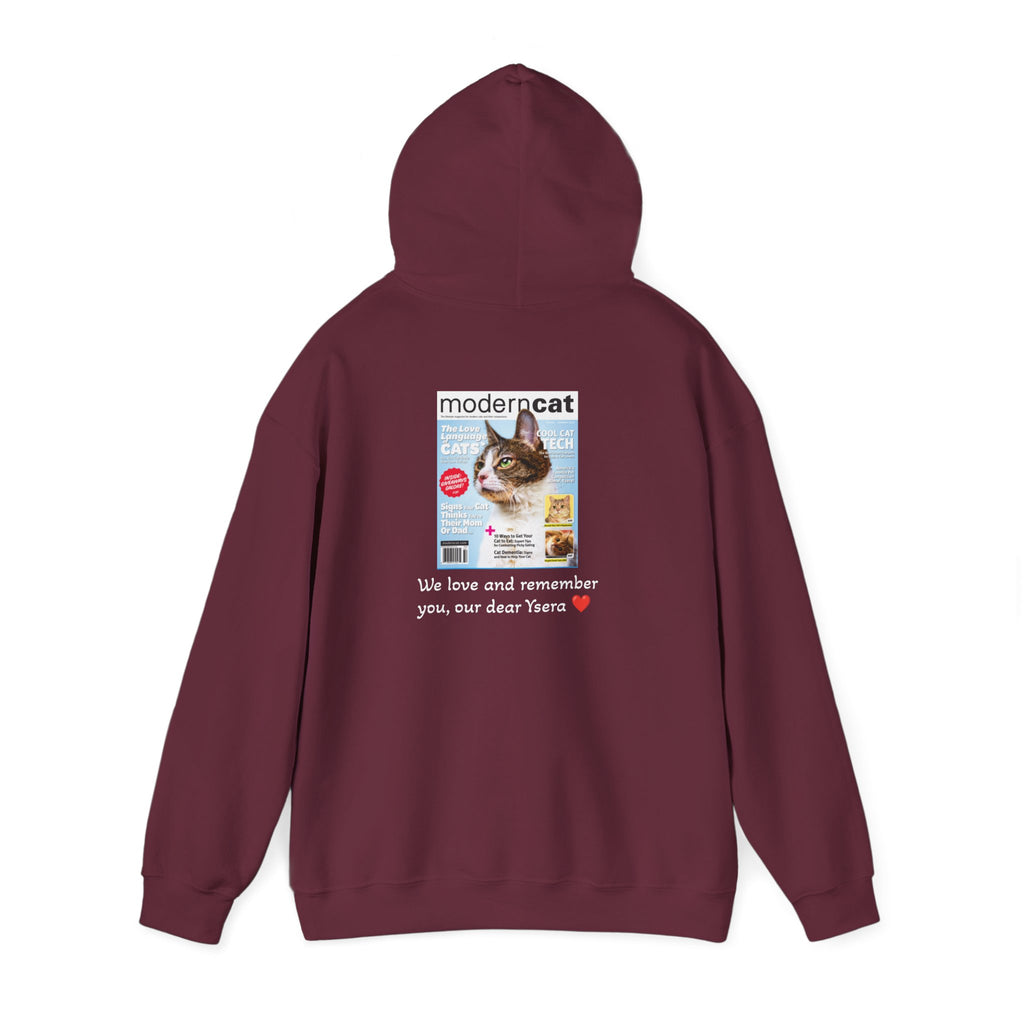 Maroon hoodie with a cat magazine cover design on the back, on a white background