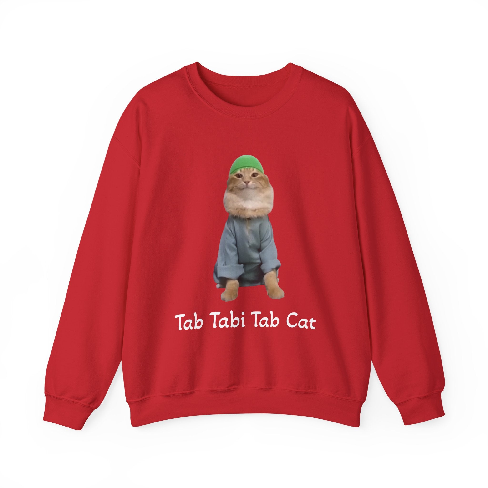 Red sweatshirt with a graphic of a cat in a green hat and gray outfit, and 'Tab Tabi Tab Cat' text on a white background.