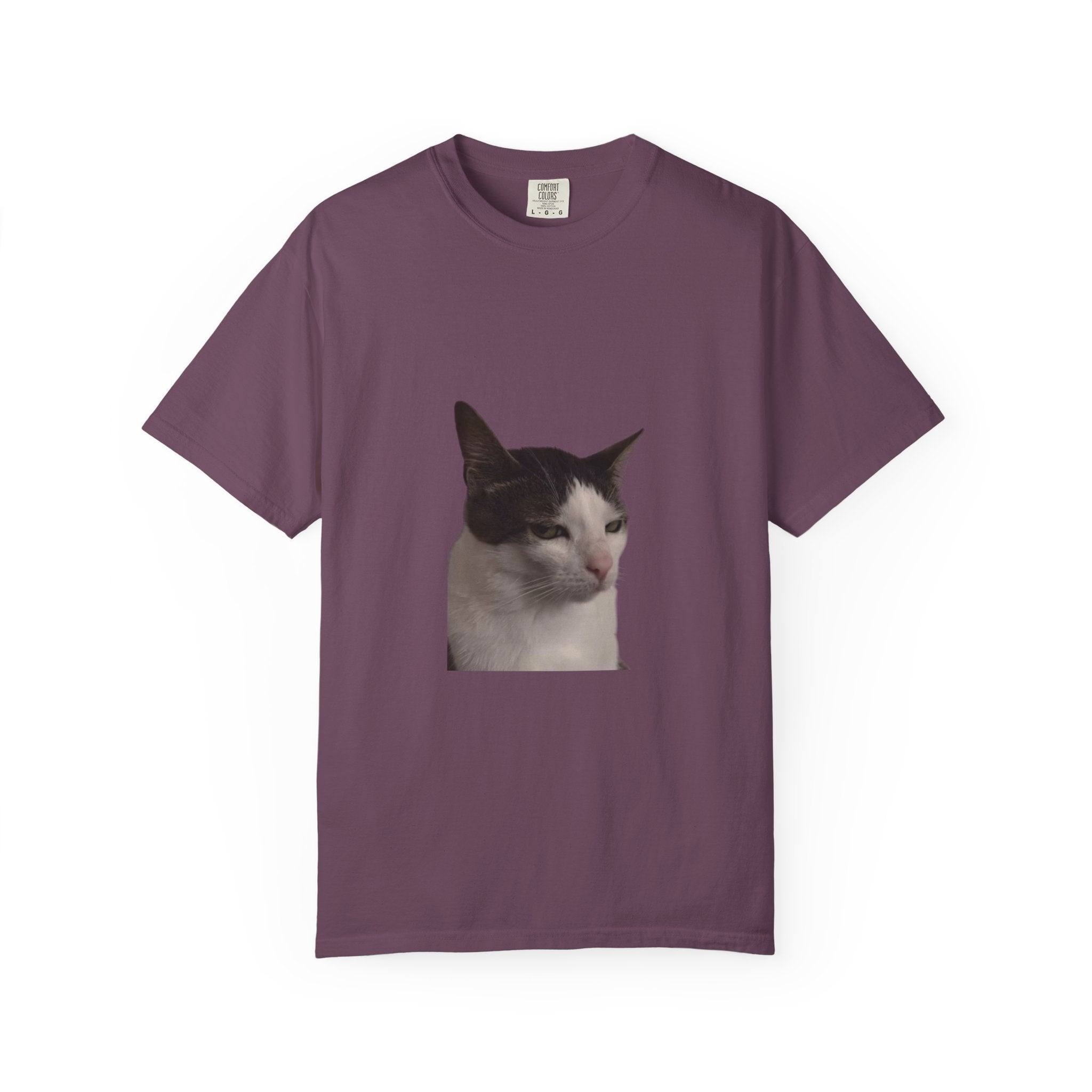 Purple t-shirt with a cat graphic on a white background