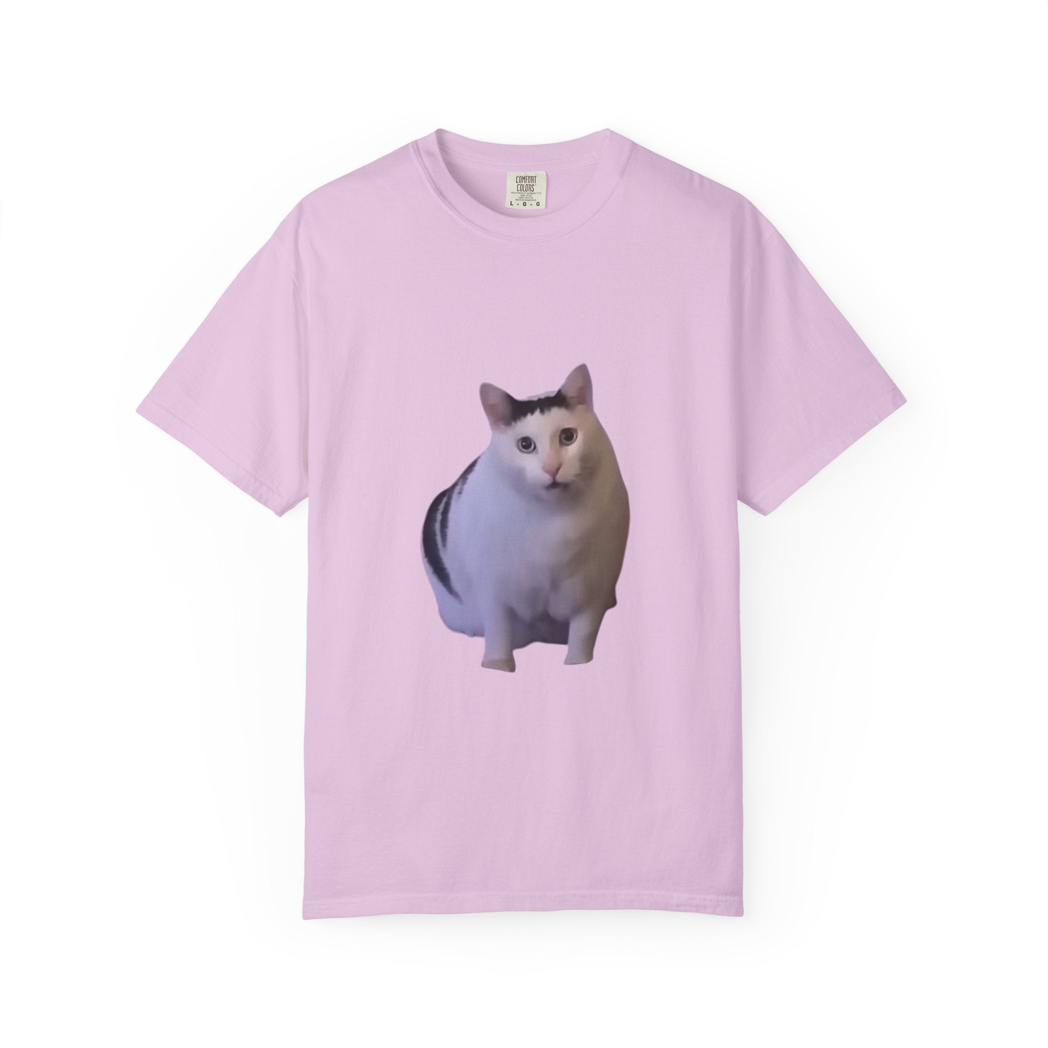 Pink t-shirt with a cat graphic on a white background