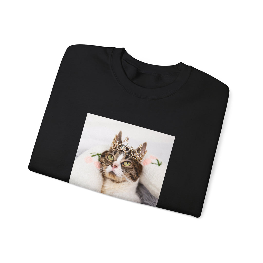 Black sweatshirt with a cat wearing a crown on a white background