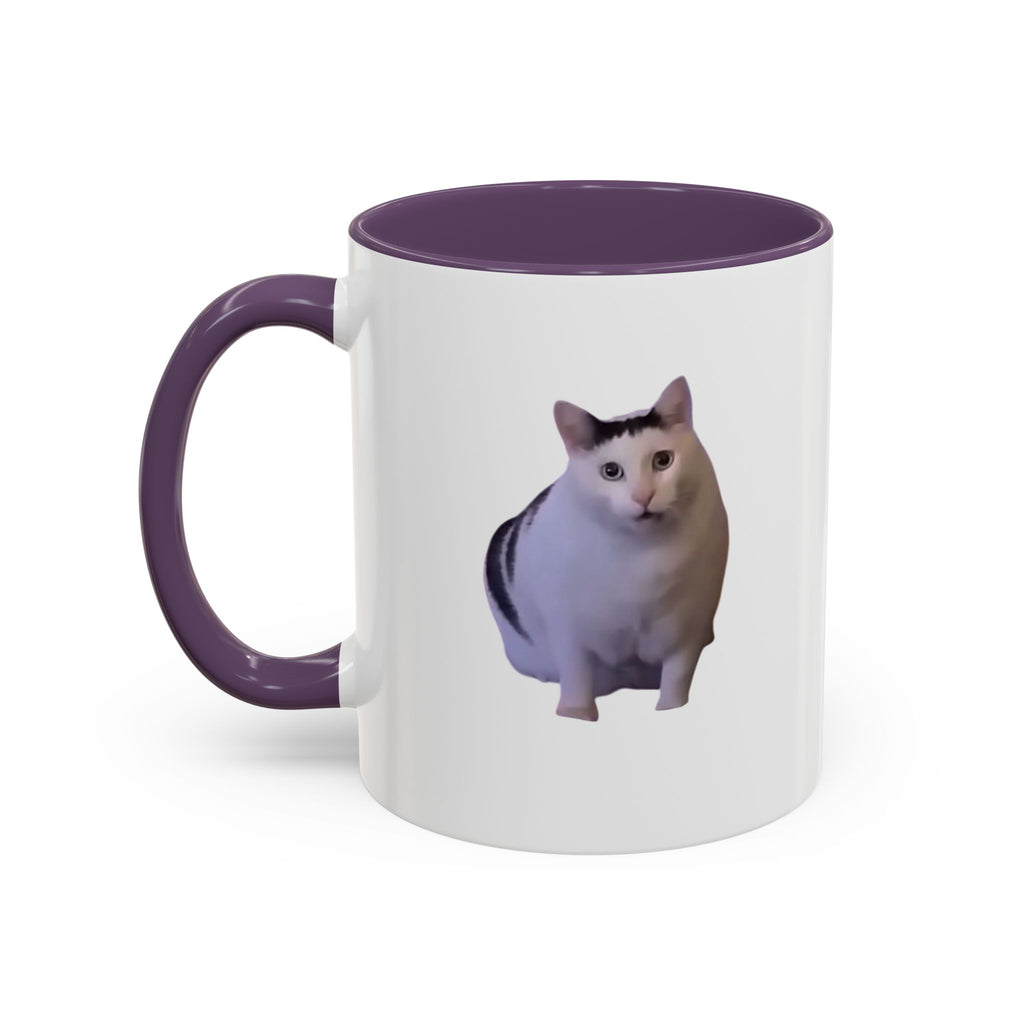 White mug with purple handle and interior, featuring a cat illustration on a white background