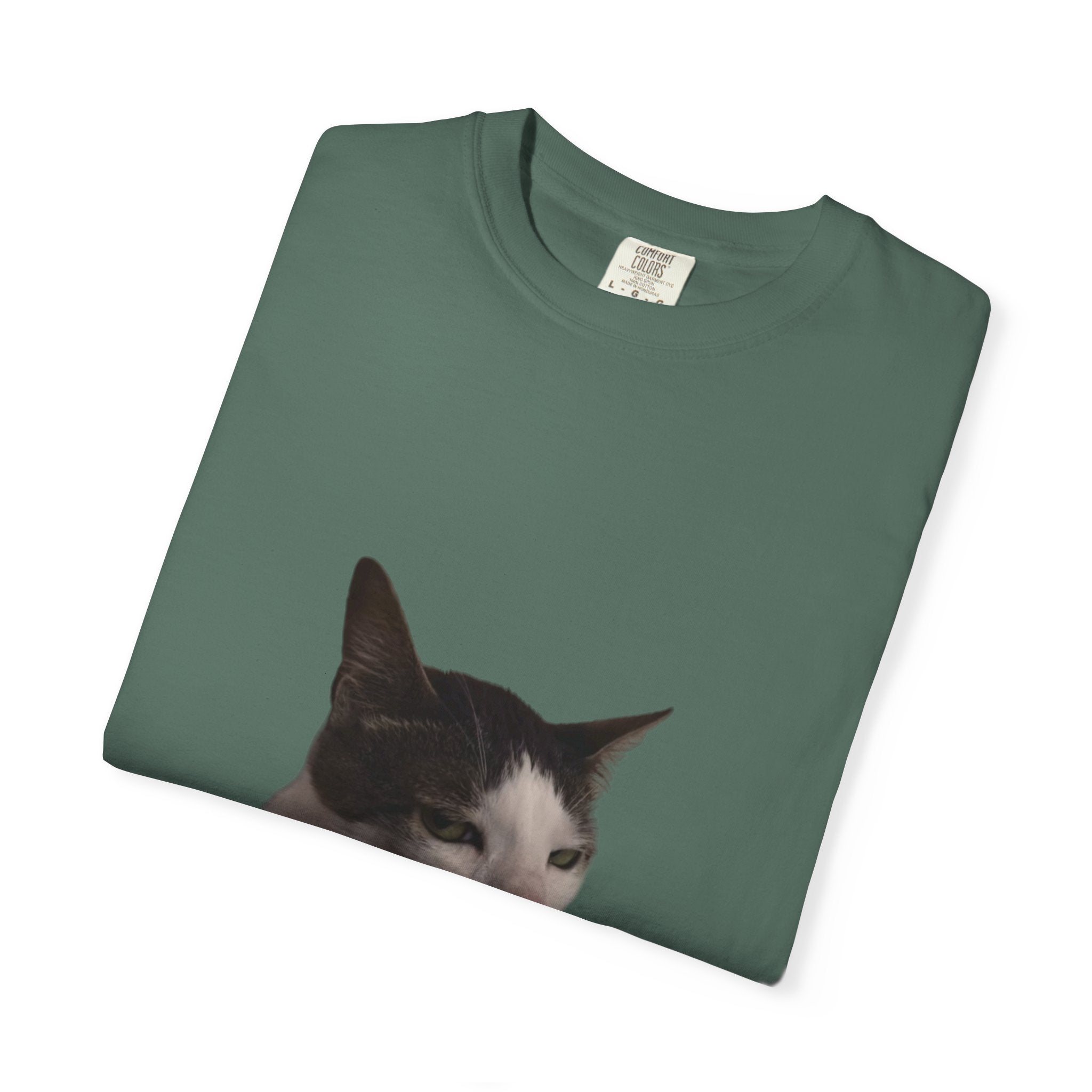 Folded green t-shirt with a cat's face print on a white background