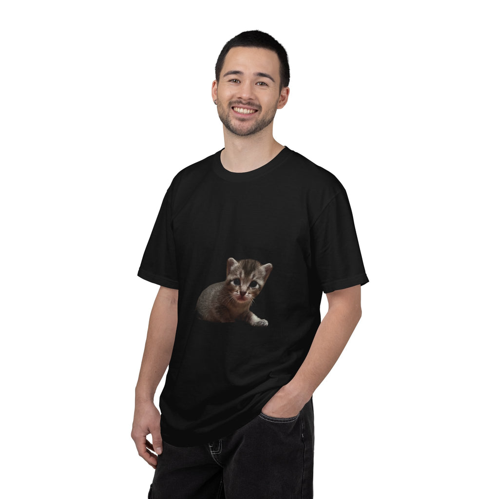 Person wearing a black t-shirt with a kitten graphic on a white background