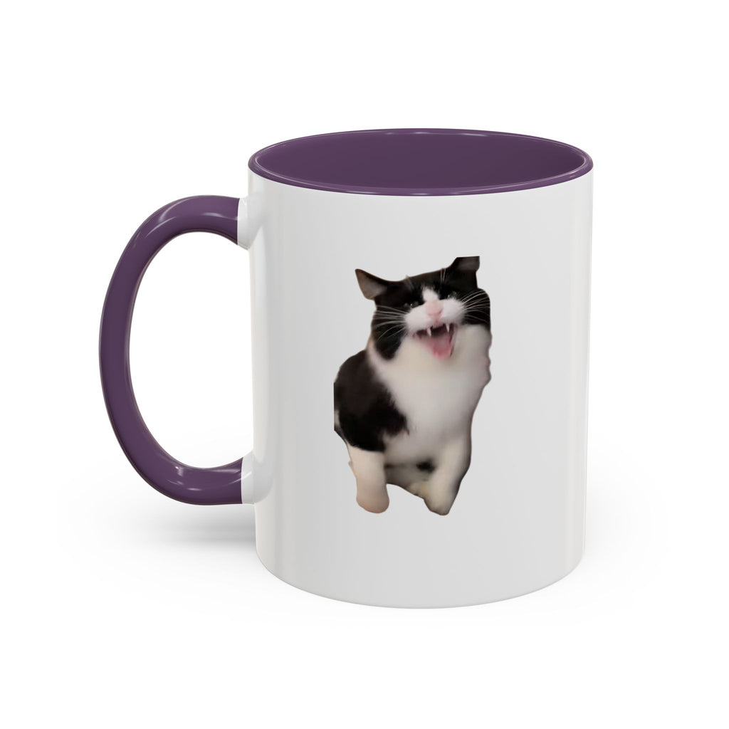 White mug with purple handle and interior, featuring a cat illustration on a white background