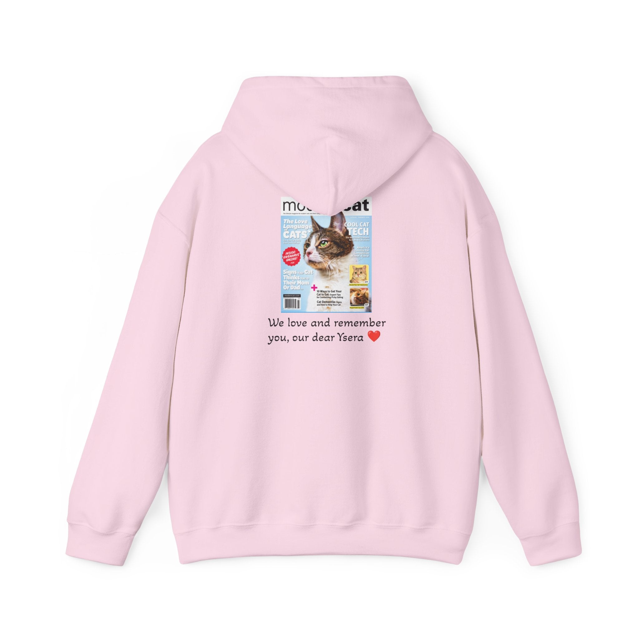 Pink hoodie with a cat magazine cover and text on the back
