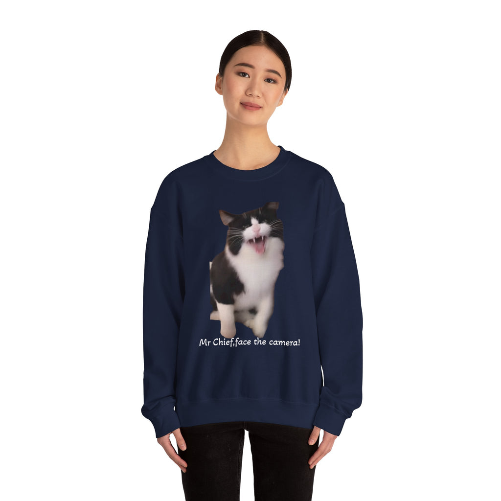 Person wearing a navy blue sweatshirt with a cat graphic and text on a white background