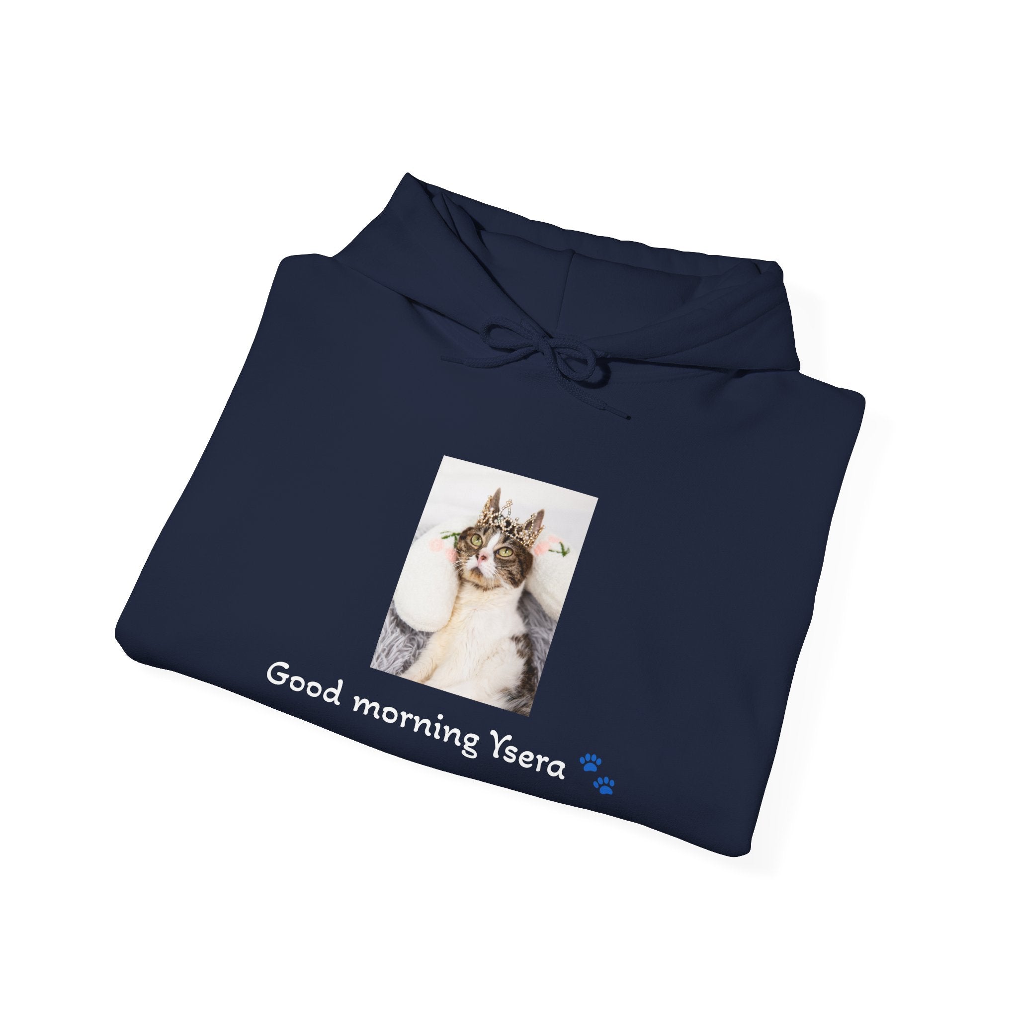Navy blue hoodie with a cat photo and text on a white background