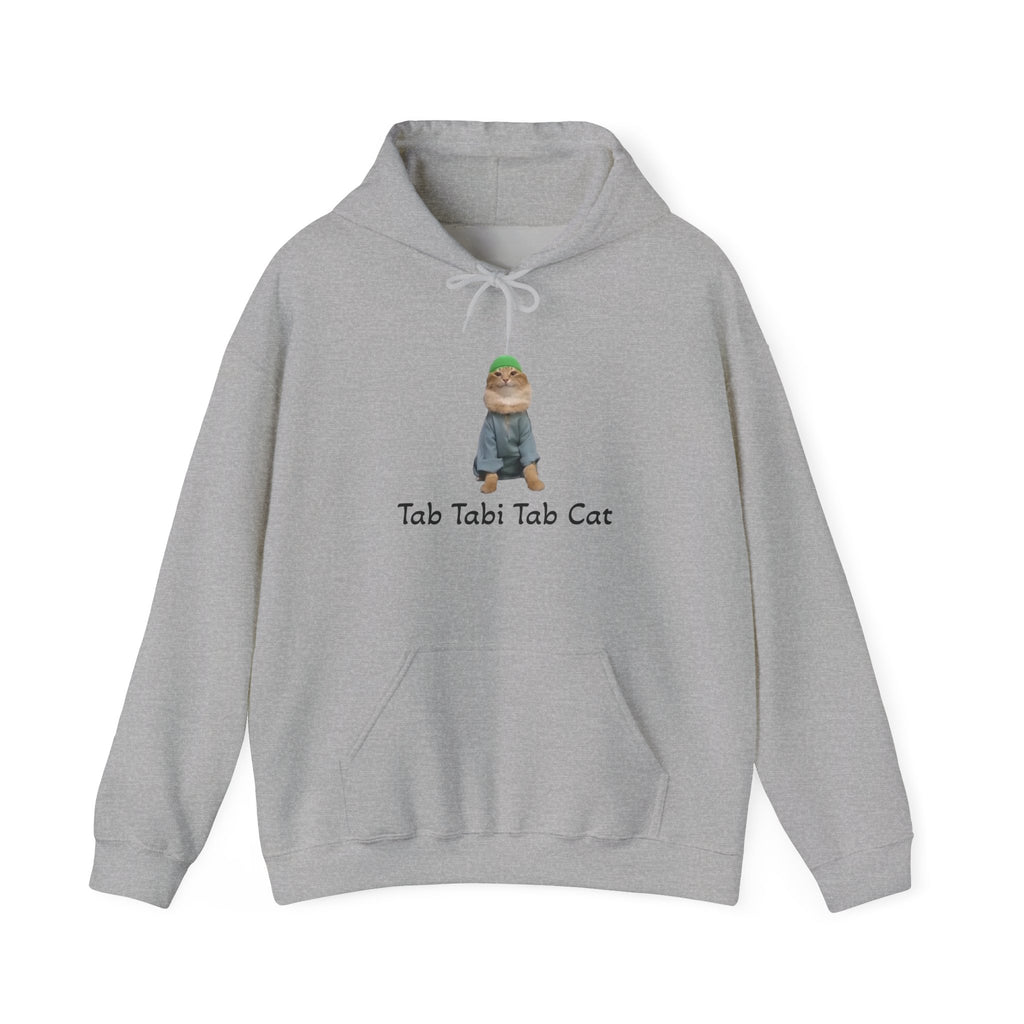 Gray hoodie with a cartoon cat design and text on a white background