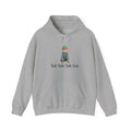 Gray hoodie with a cartoon cat design and text on a white background