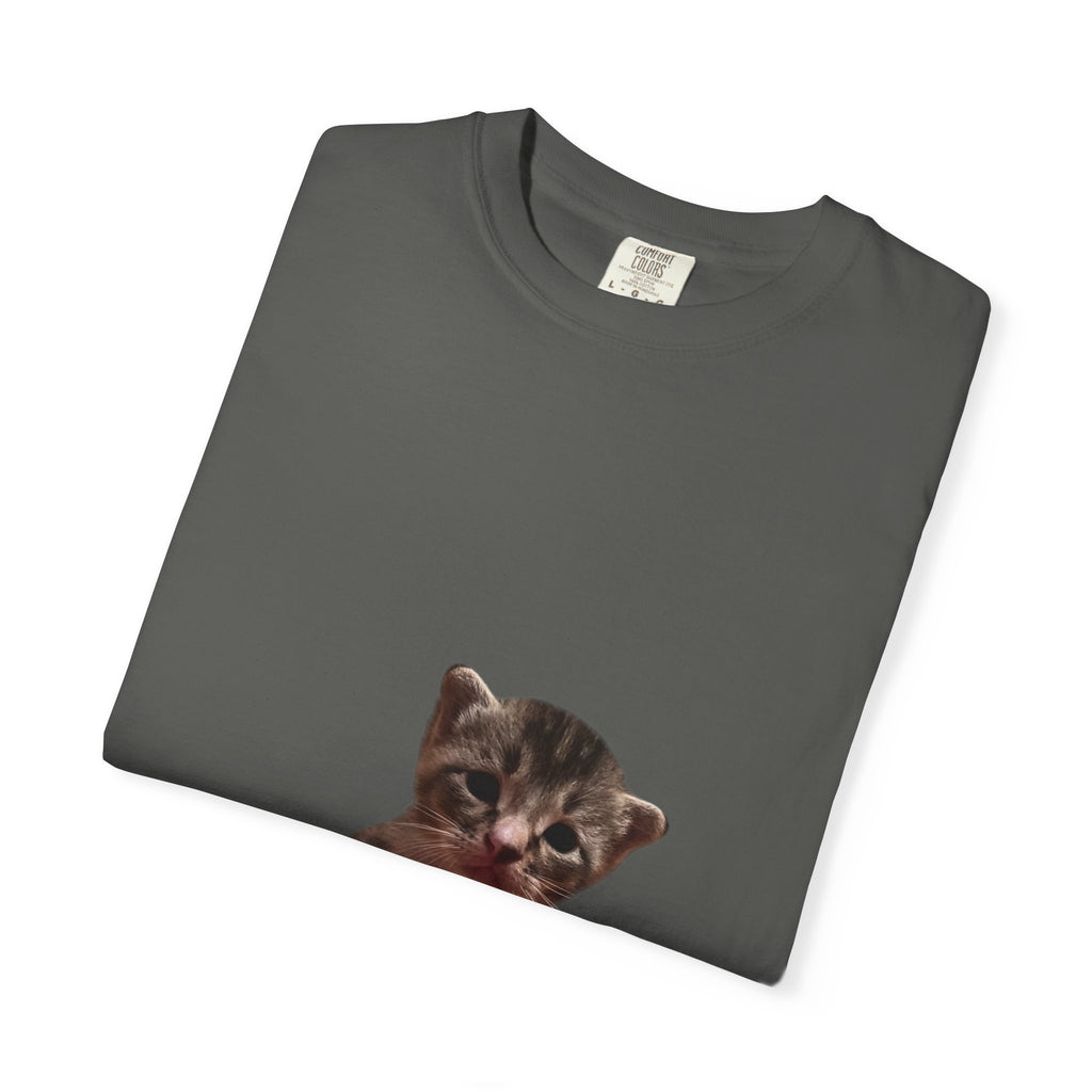 Folded dark gray t-shirt with a cat face print on a white background