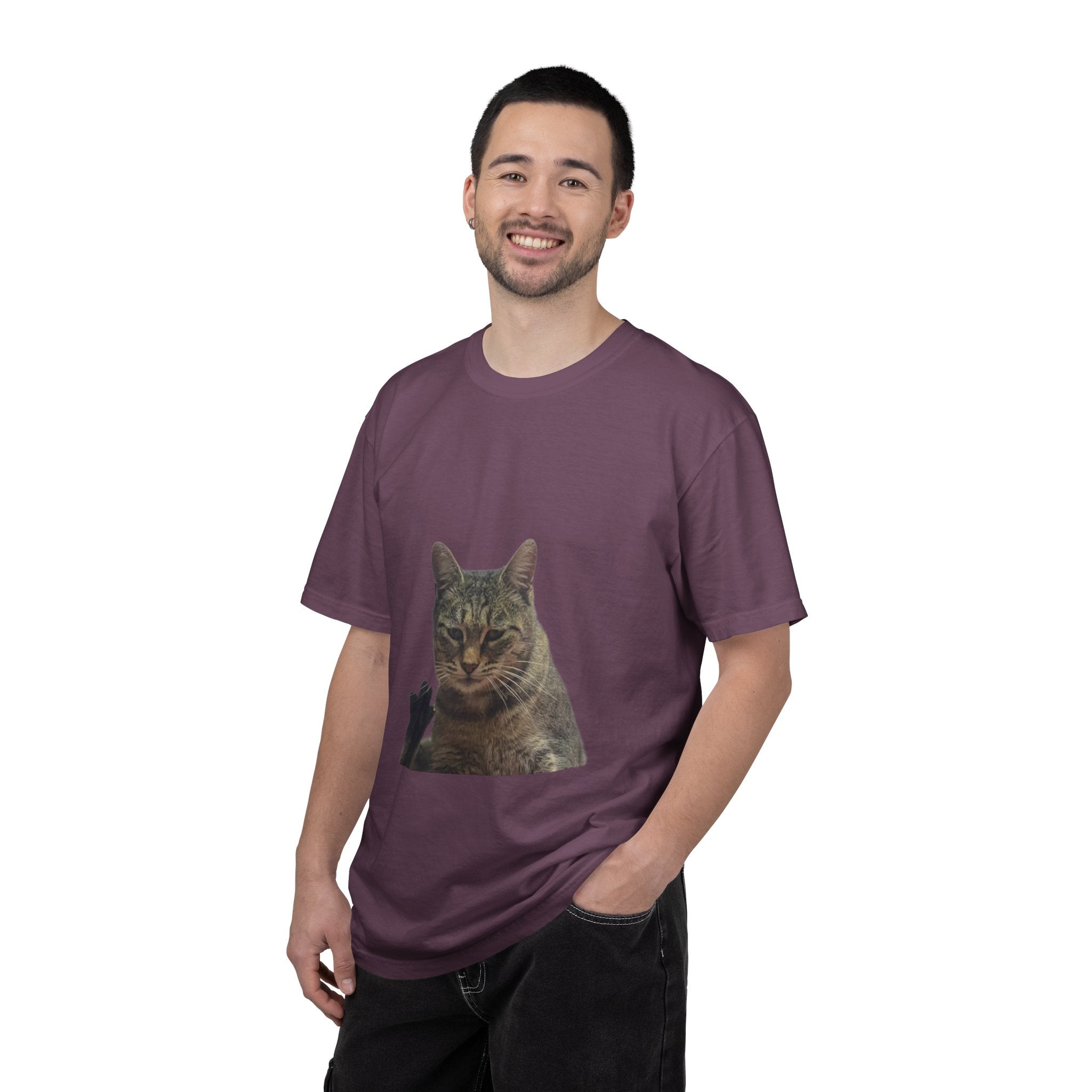 Man wearing a purple t-shirt with a cat graphic on a white background