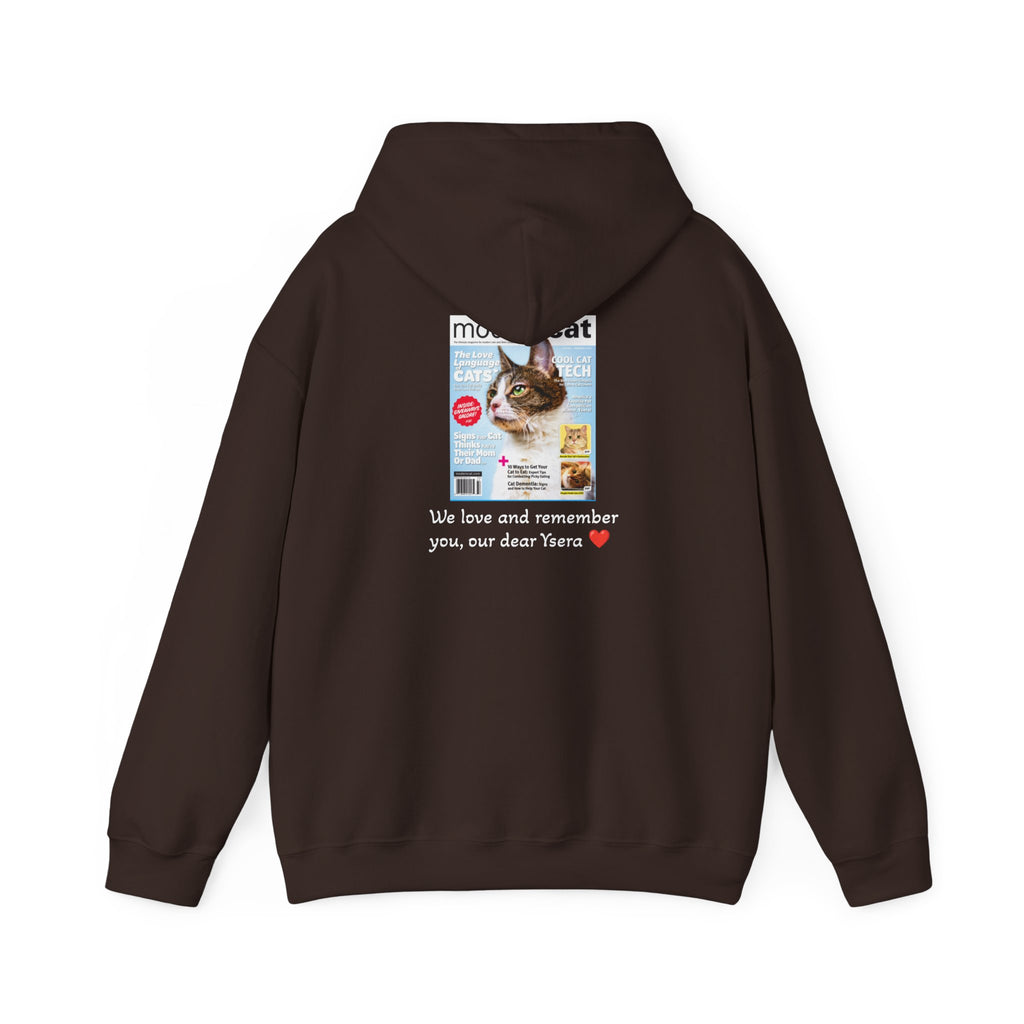 Brown hoodie with a printed design on the back featuring a cat and text.