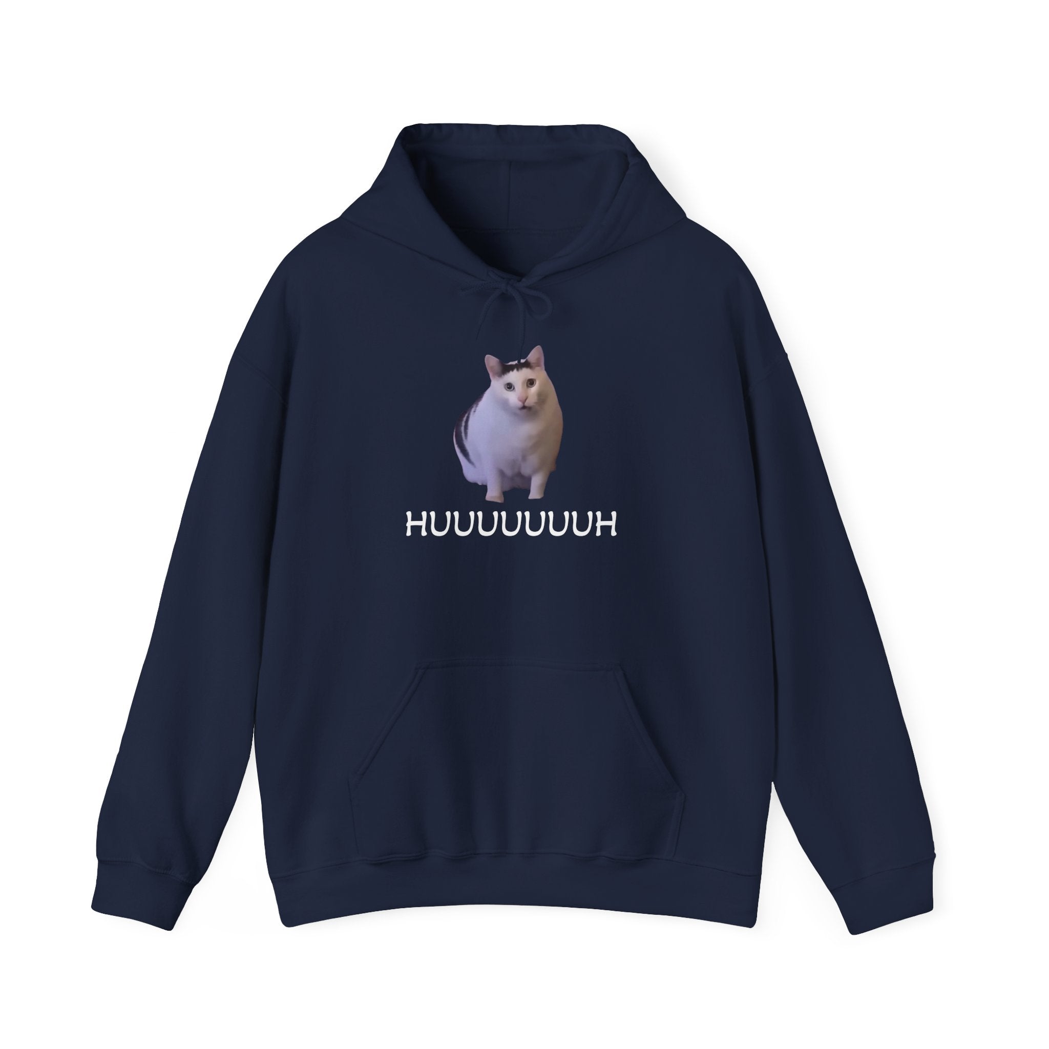 Navy blue hoodie with a cat graphic and text on a white background
