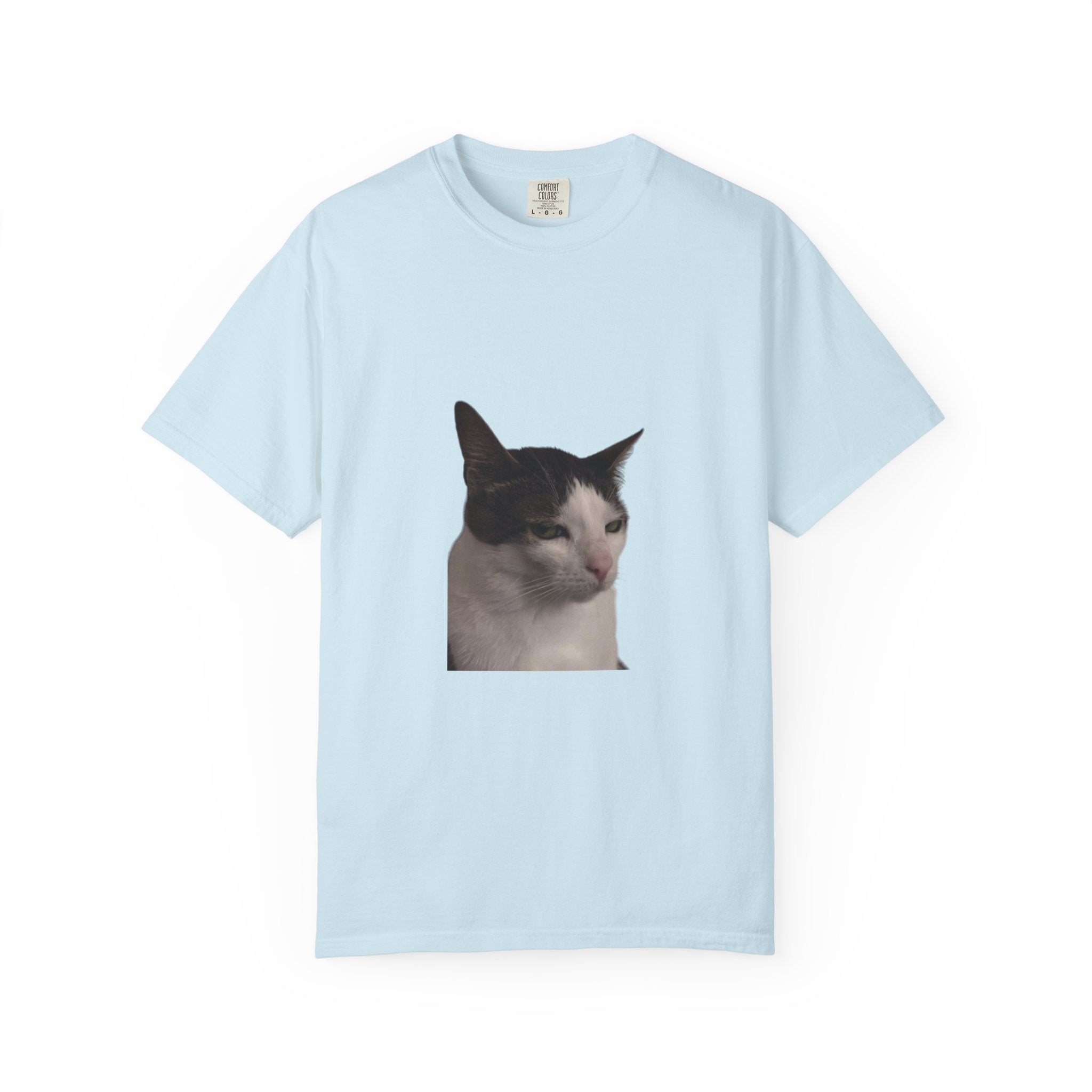 Light blue t-shirt with a cat graphic on a white background