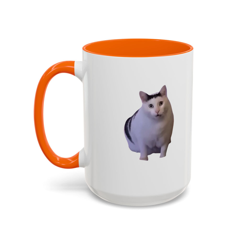 White mug with orange handle and interior, featuring a cat illustration on a white background