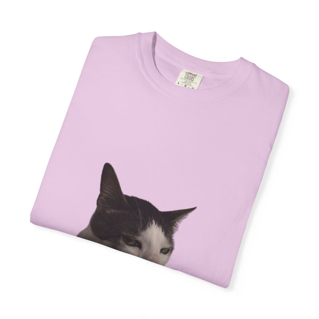Folded light purple t-shirt with a cat print on a white background