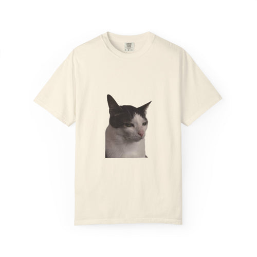 Beige t-shirt with a cat graphic on a white background