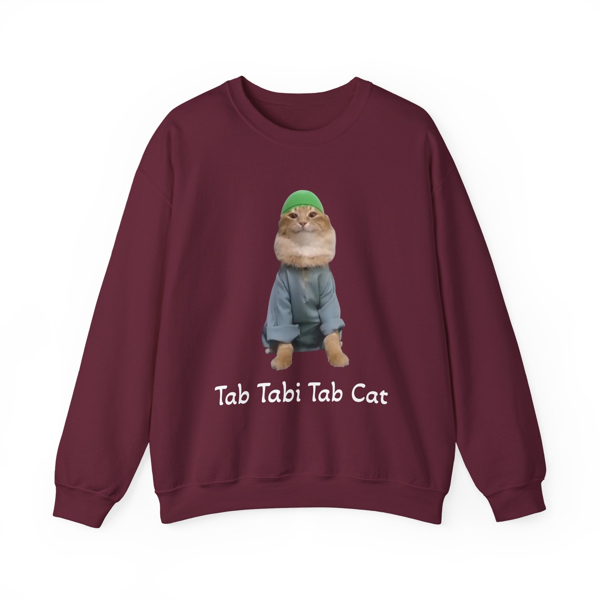 Maroon sweatshirt with a cat graphic and 'Tab Tabi Tab Cat' text on a white background