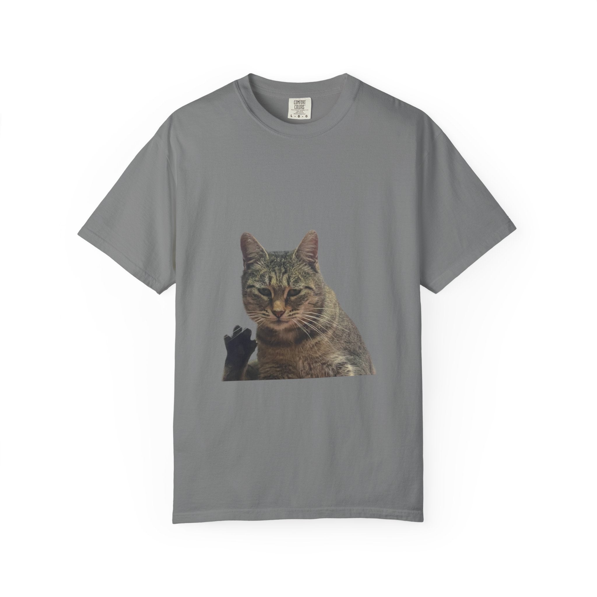 Gray t-shirt with a cat graphic on a white background