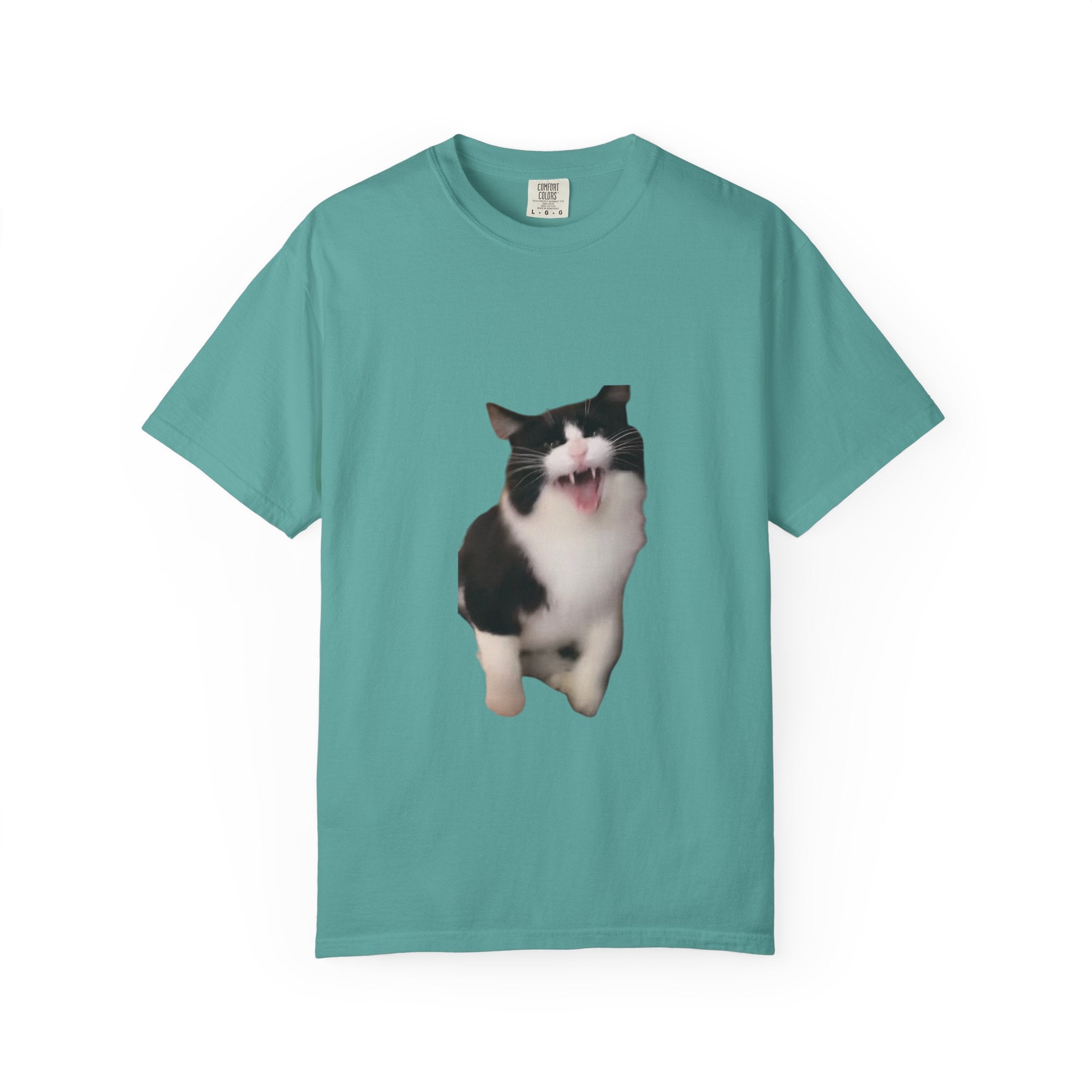 Teal t-shirt with a black and white cat graphic on a white background
