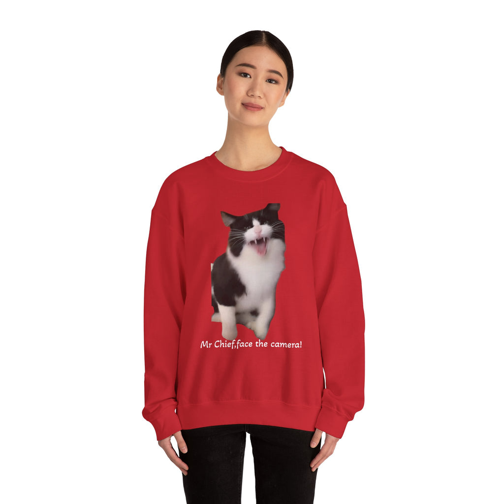 Crewneck Sweatshirt — 'Mr Chief, face the camera!' Funny Black & White Cat Photo Pullover