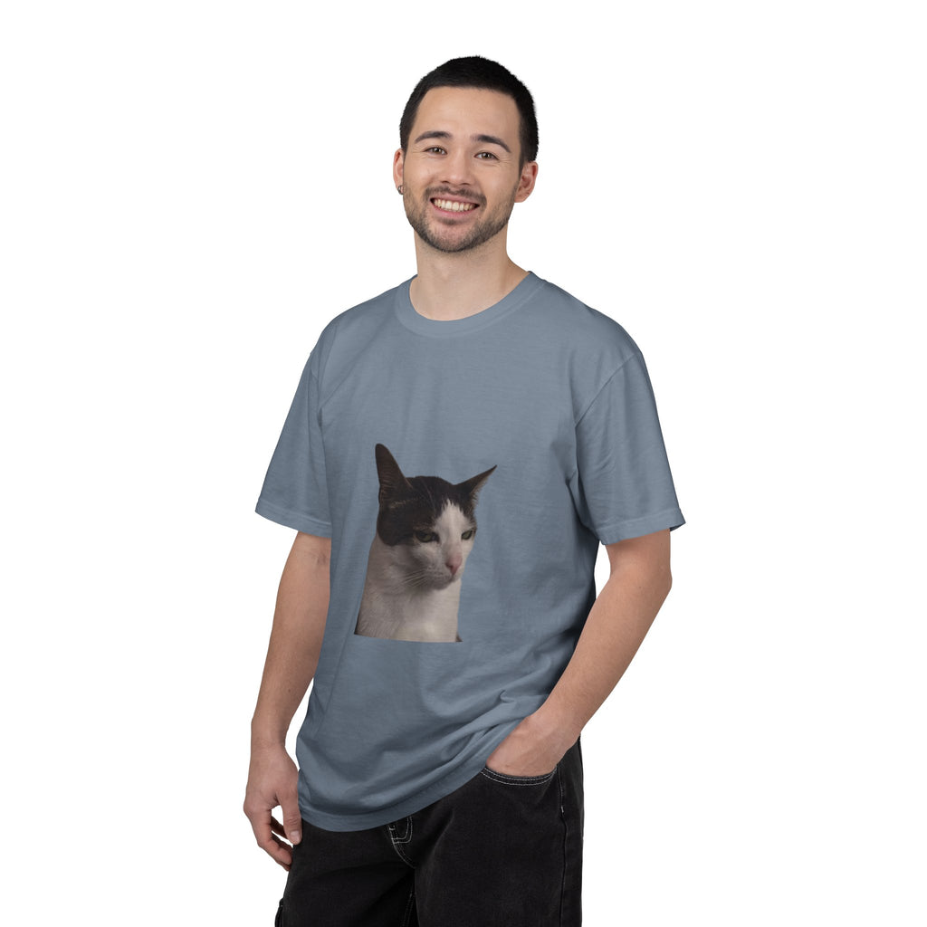 Man wearing a gray t-shirt with a cat graphic on a white background
