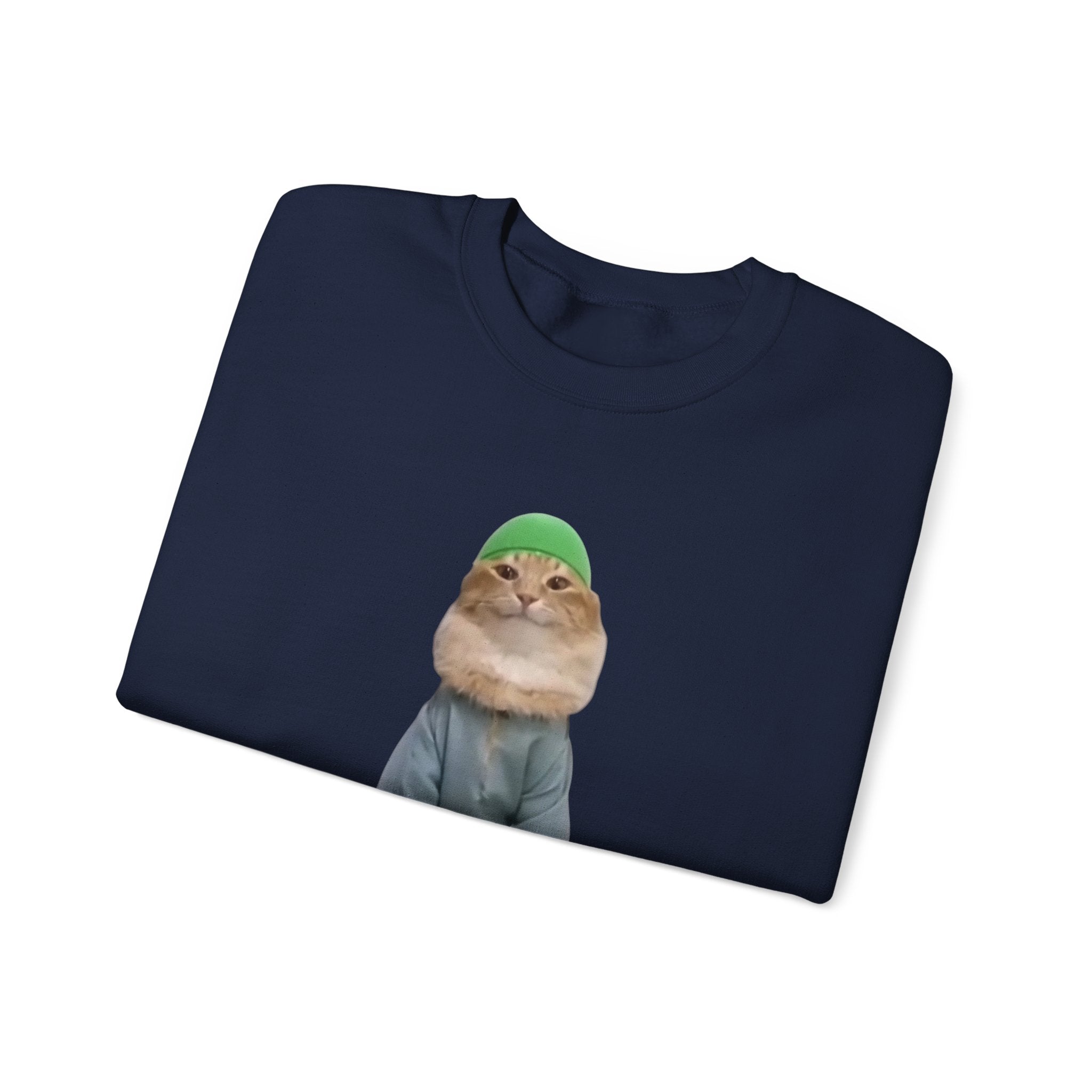 Navy blue sweatshirt with a graphic of a cat wearing a green beanie on a white background